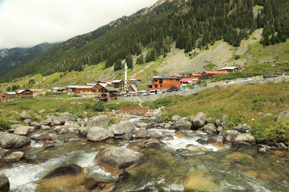 Picturesque mountain village with charming wooden houses by a clear, flowing river in summer.